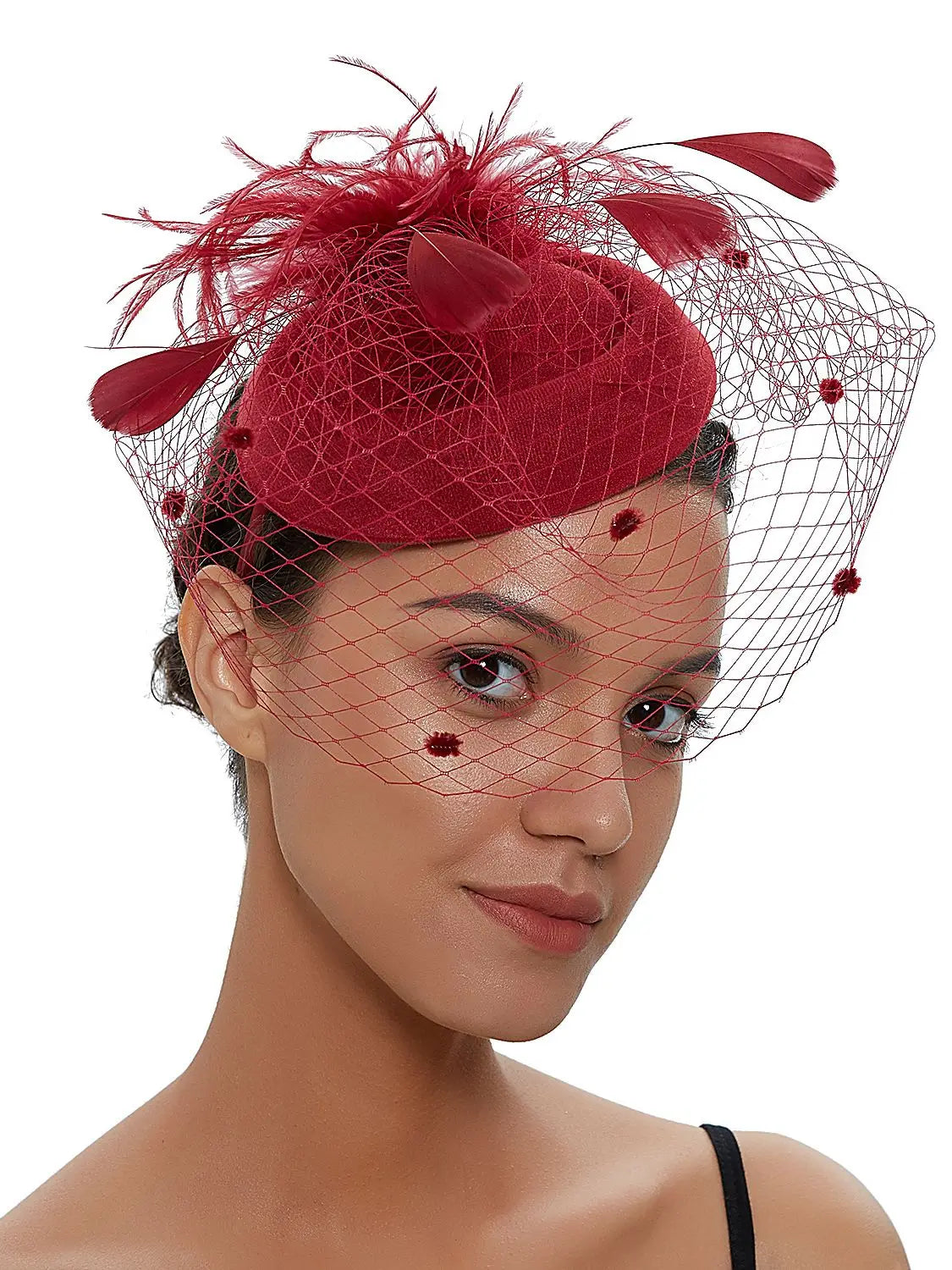 Women's Felt Fascinator Hat Fishnet Veil Small Plush Wave Point Decor Hair Clips Cocktail Headwear Fascinator