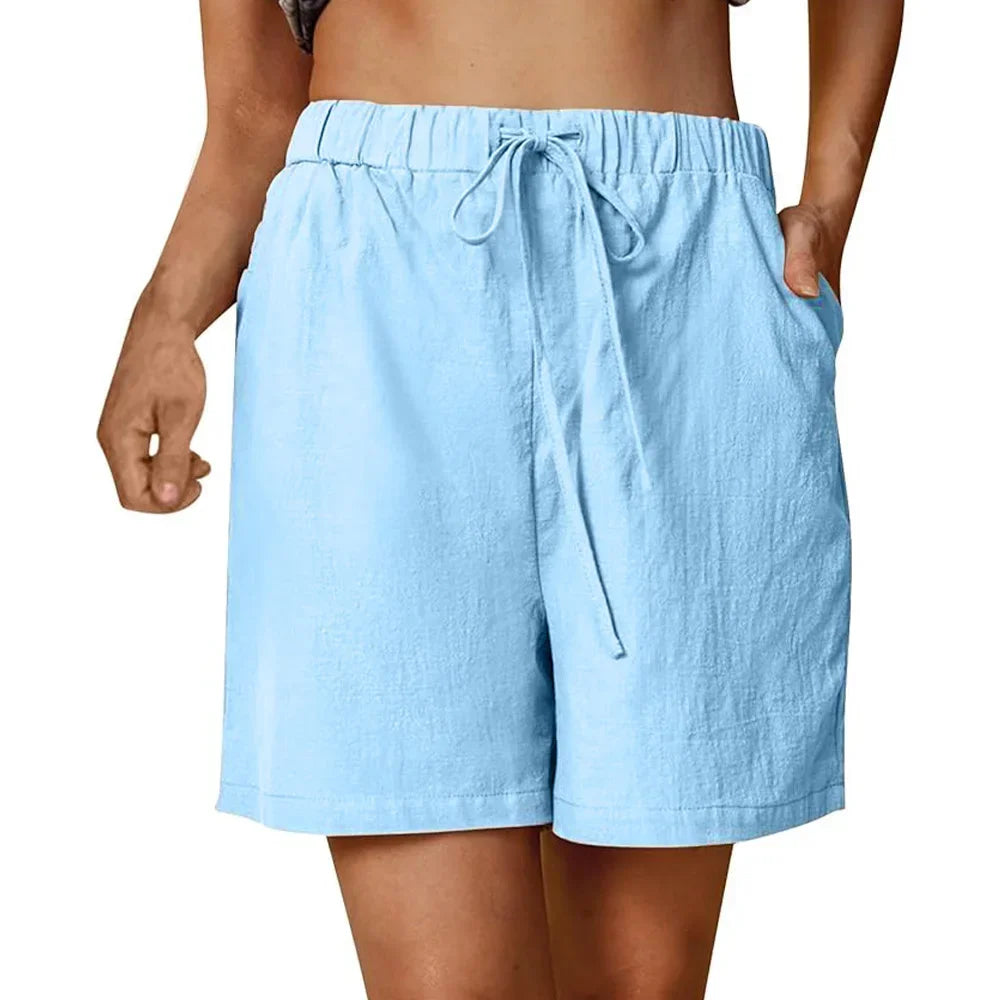 Women's Summer Casual Shorts Drawstring Solid Color Cotton Linen Short Pants Female Loose Straight