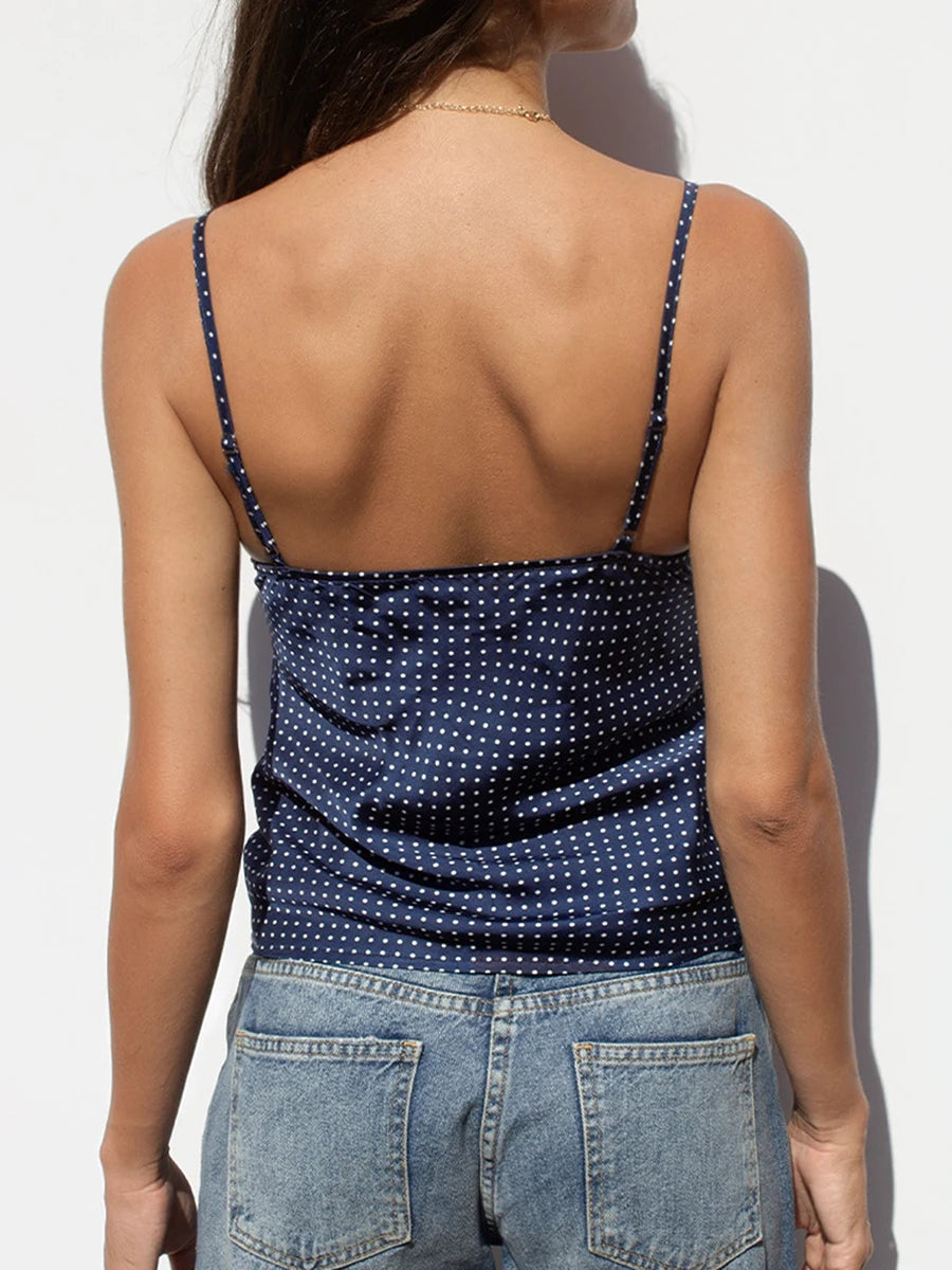 Sleeveless Polka Dot Print Lace Trim Crop Top Spaghetti Strap Camisole Lingerie