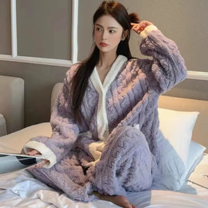 2pcs/Set Autumn And Winter Pajamas Women Thickened Padded Warm Velvet Suit Cardigan Trousers