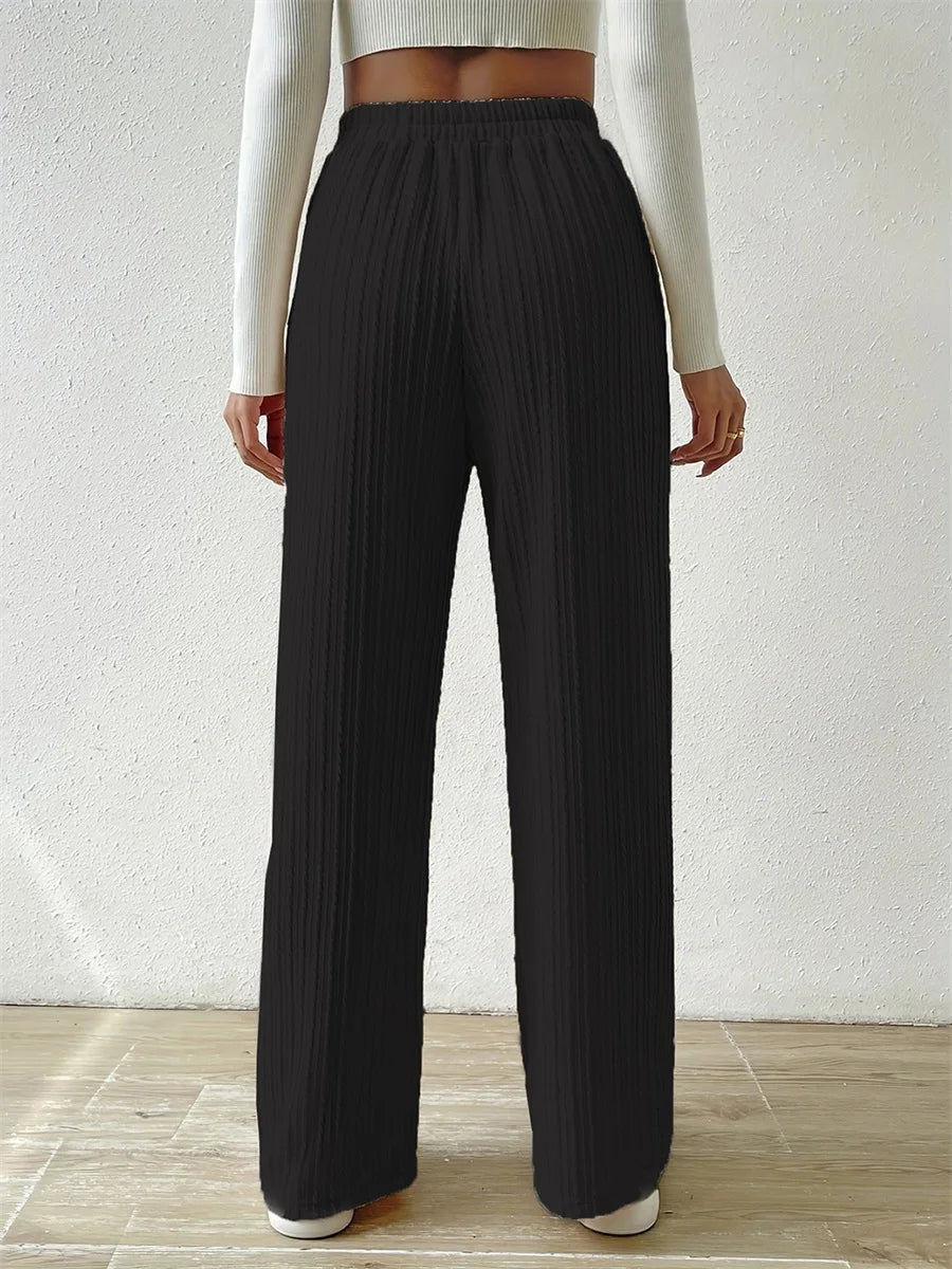 Elegant Ribbed Knit Palazzo Pants with Chic Drawstring High Waistband Comfy Wide Leg Trousers for Women s Casual Wear