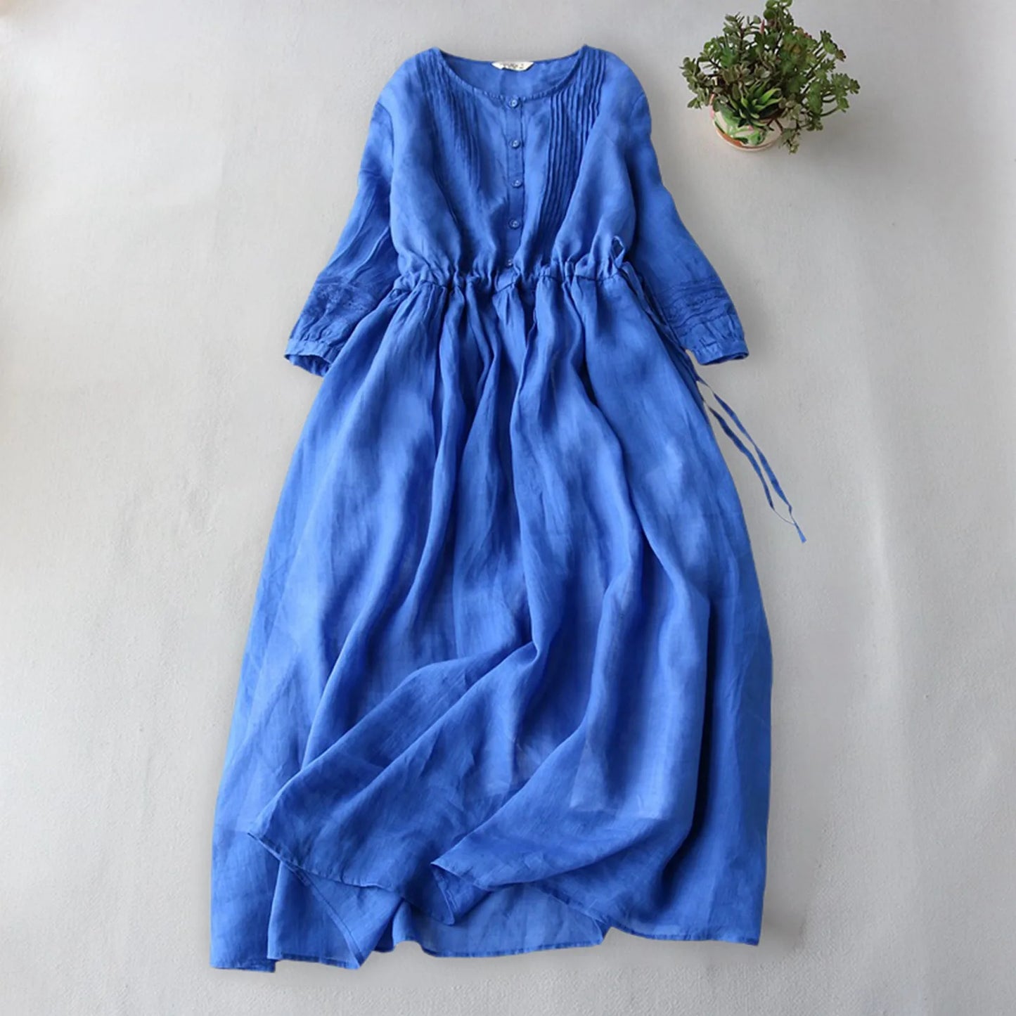 Summer Women's Loose Linen Long Dress Elegant Vintage Elastic Tunic Waist Casual Baggy Dress Female Sundress