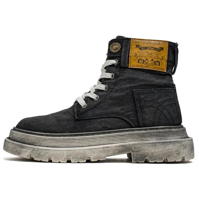 Retro Blue Denim Boots Men Lace-up Platform Men's Tooling Boots Western Basic Boots Men High Top Working Shoe Men Outdoor Boots