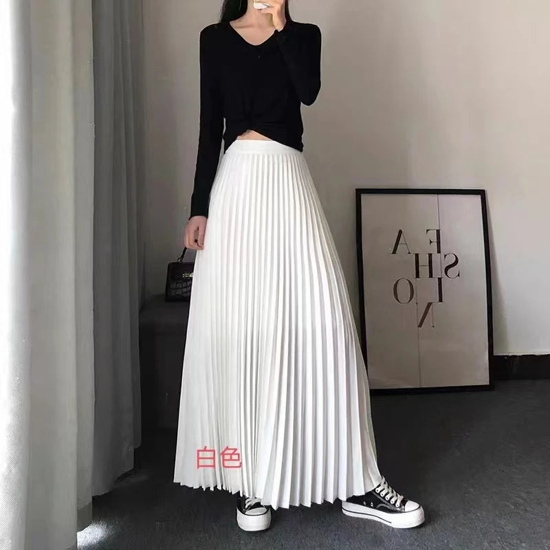 Elegant Pleated Skirt High Waist Women's Long Skirt Ladies High Quality Midi Skirt
