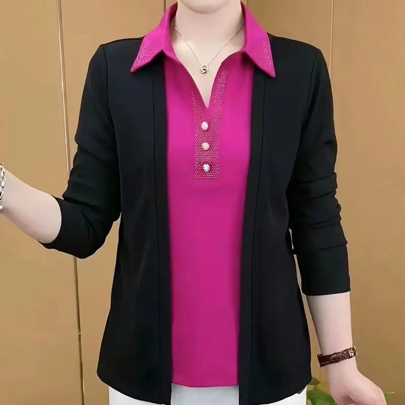 Office Fake Two Pieces Shirt Spring Autumn  Loose Long Sleeve Casual Blouse