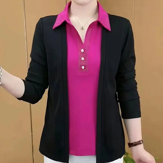 Office Fake Two Pieces Shirt Spring Autumn  Loose Long Sleeve Casual Blouse
