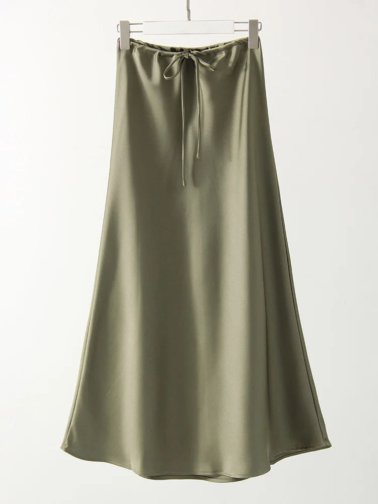 Long Satin Skirt  A Line Tie Up