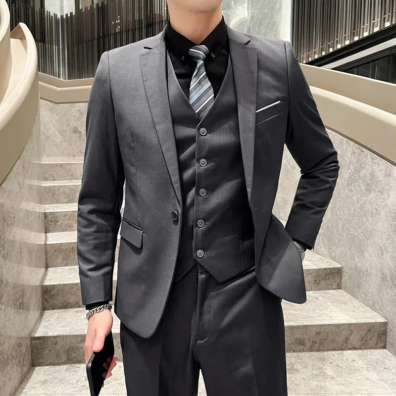 Men's High-Quality 3-Piece Business Casual Wedding Suit Vest Trousers Set Handsome Fashion Banquet Clothing