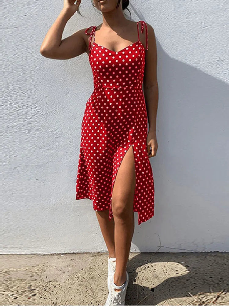 Dresses Sundress Summer Women Causal Polka Dot Sleeveless High Pleated elastic waist V-Neck Beach Dress