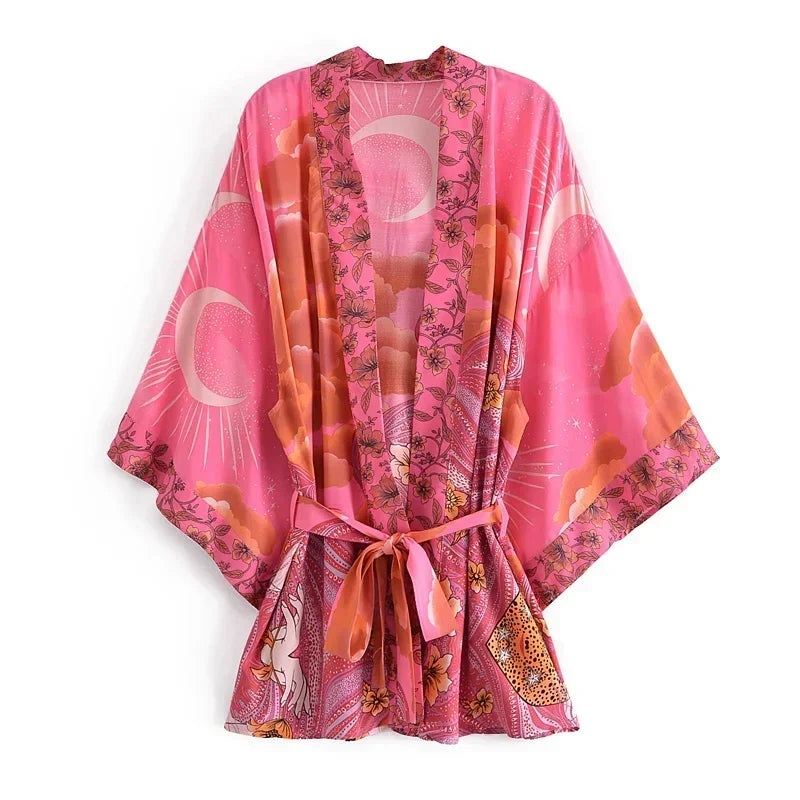 Boho Queens Vintage Star and Moon Floral Print Women's Bohemian V Neck Batwing Sleeves Kimono
