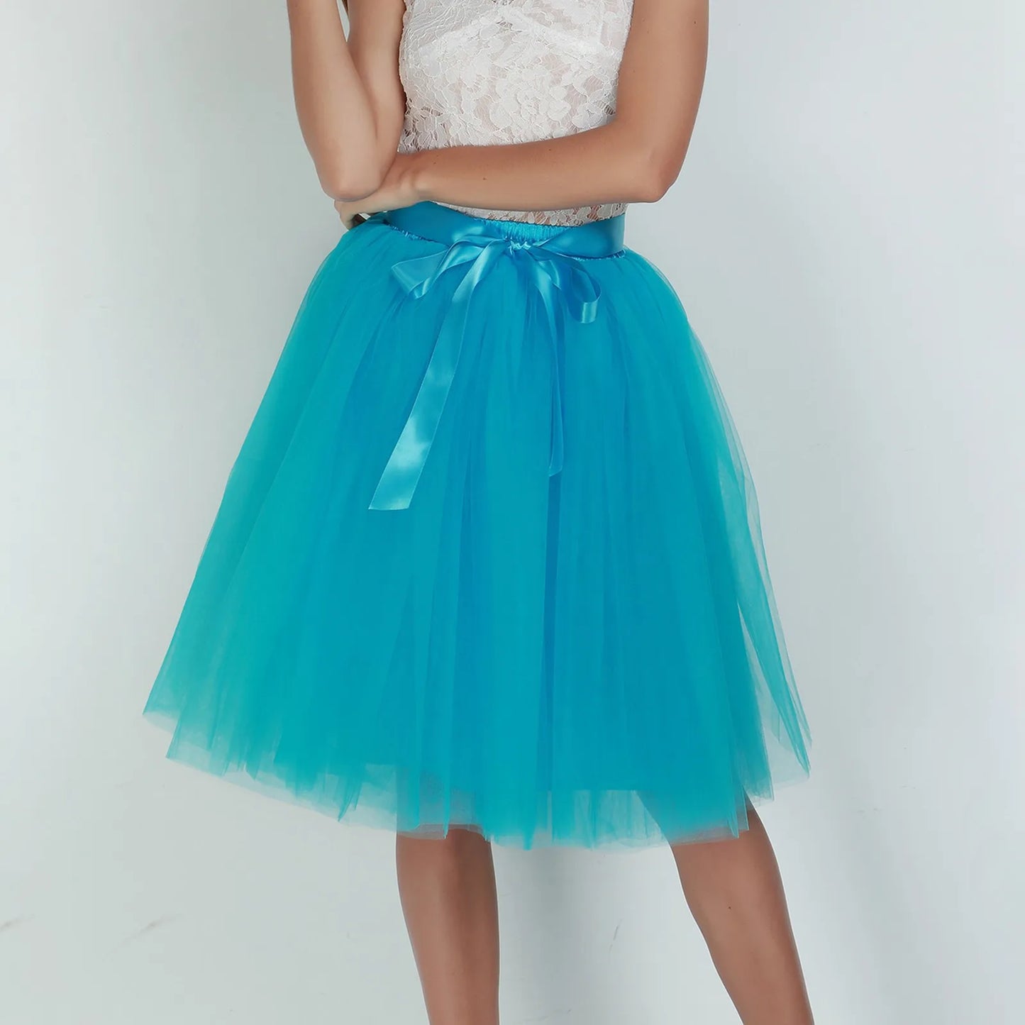 Knee Length Women A-Line Tulle Skirts Lace Up Multi Layered Tulle Petticoat Midi Skirt