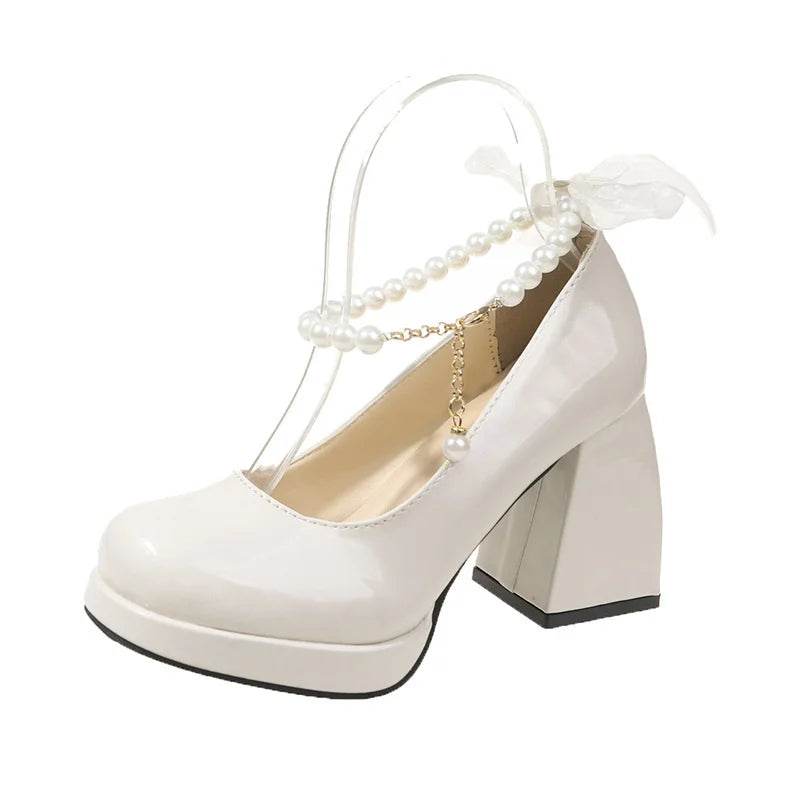 Lace Bow and pearl accent High Heels  Square Toe  Pumps Thick Heel