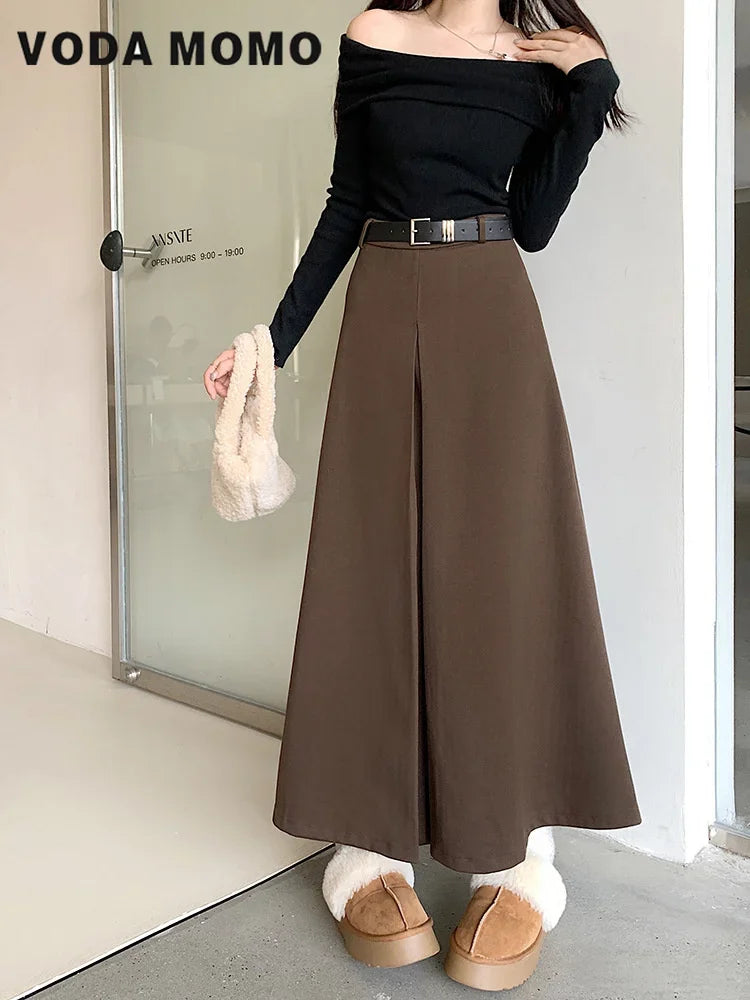 Retro High Waist Slim Mid-length  A-line Skirt