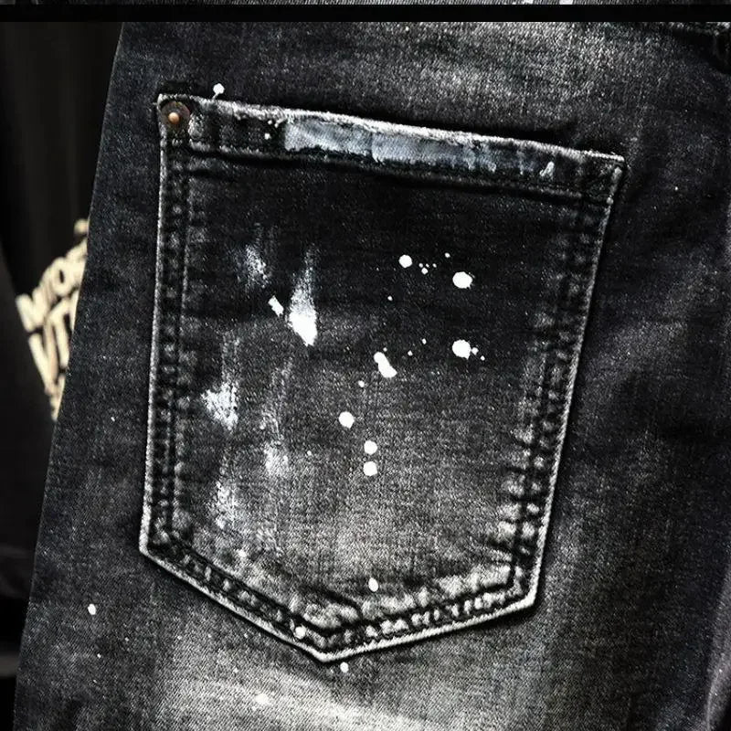 Luxury Brand Designer Clothes  Casual Denim Knee-Length Shorts  Fashion Black Patches Paint Jeans Shorts