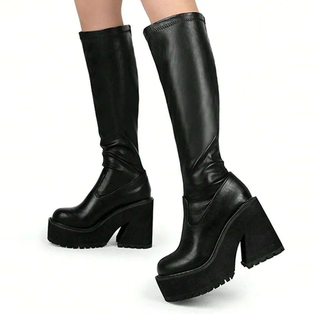 Chunky High Heeled Punk Platform Boots  Round Toe Pull-on Long Boots Knee High Boots