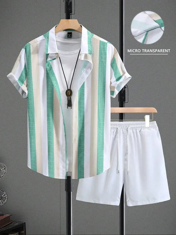Summer Men's Shirt Shorts Two-piece Set Printed Casual Suit Men Short Sleeve Shirt Street Hawaiian Beach Shorts Outfits