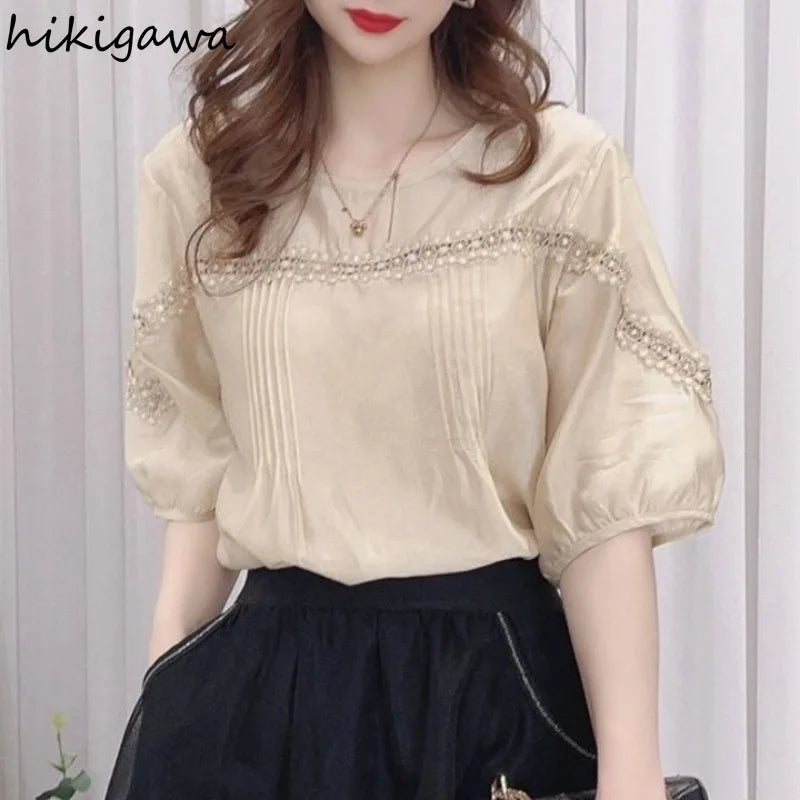 Vintage Blouse  Short Sleeve O-neck Patchwork Lace Chiffon
