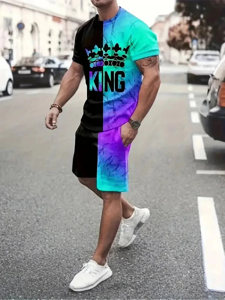 Hip Hop Style Personality Cartoon 3D Printed Men's Round Neck Short Sleeve 2 piece Fashionable Street Sports All-match Men's Suit