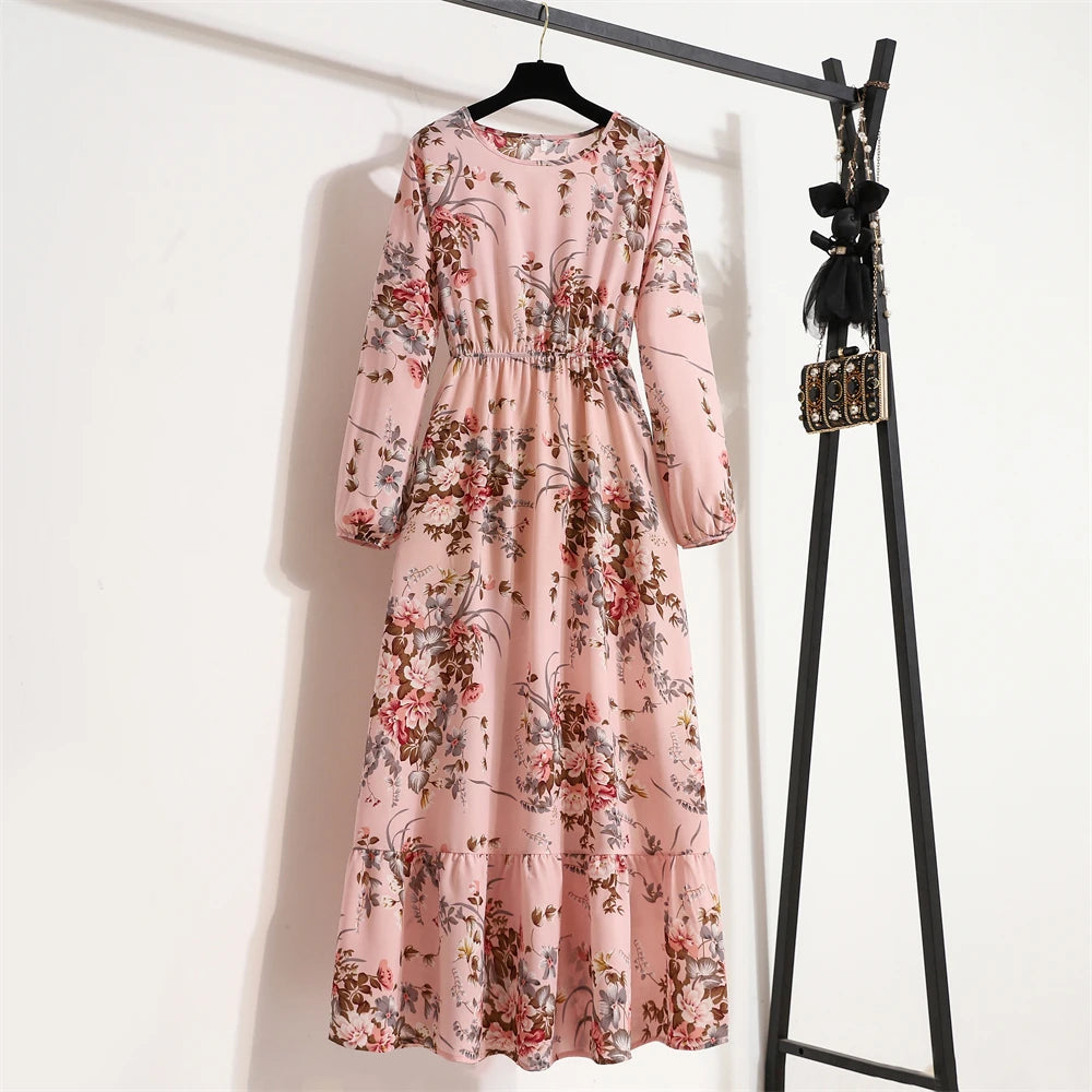 Spring Summer Women Maxi Dresses Casual Full Sleeve Floral Printed O-neck Woman Boho Beach Party Long Dress