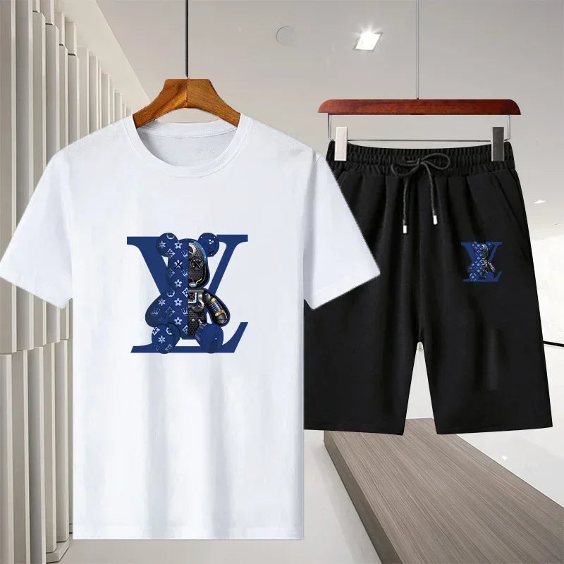 Men's short-sleeved T-shirt sportswear set, summer casual outdoor fashion men's round-neck top + Shorts 2-piece set