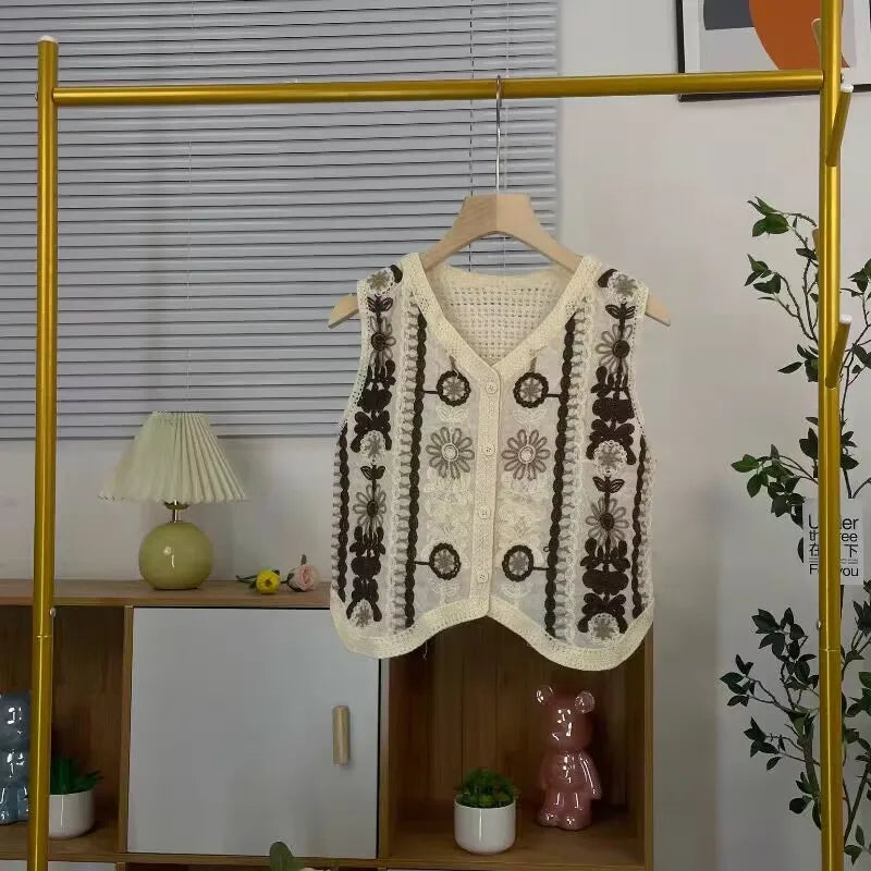 Sexy Hollow Out Knit Tank Tops Women Color block  V Neck Floral Camisole Female Beach Style Crop Top