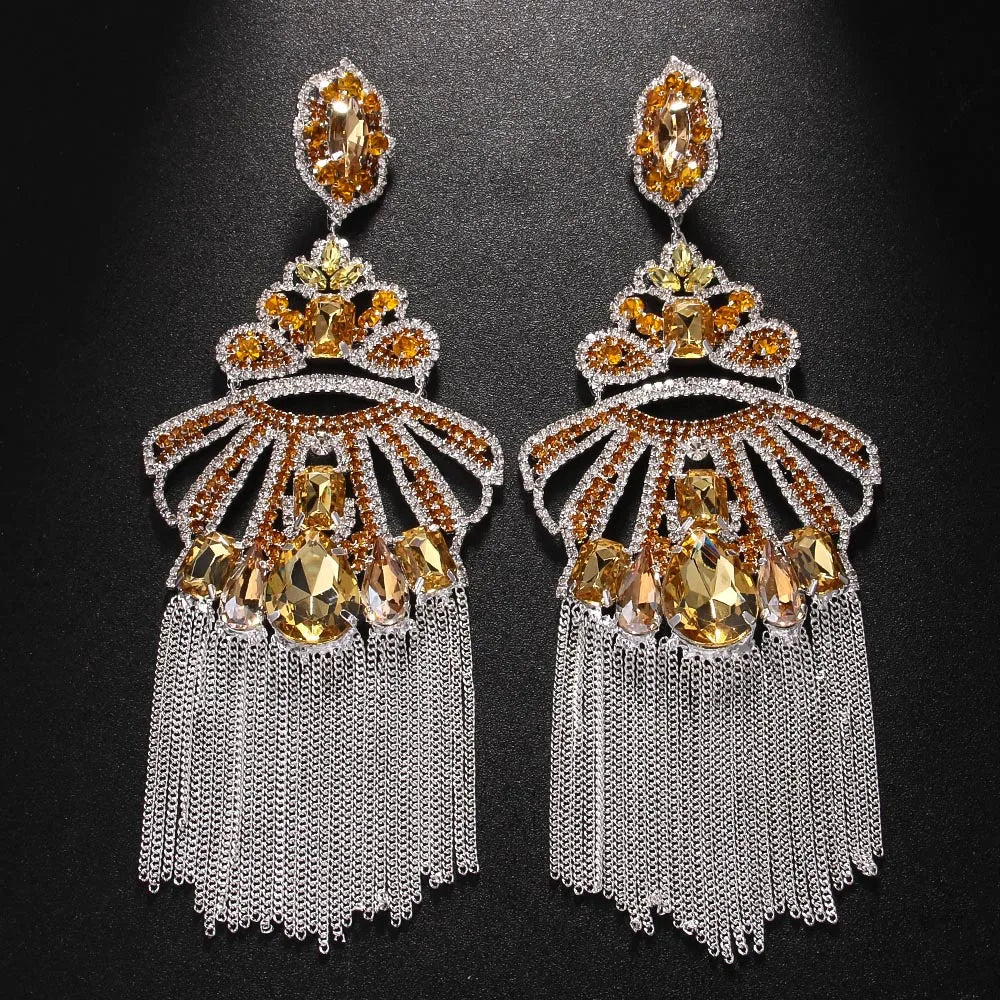 Yellow Exaggerated Tassel Earrings Metal Piercing Club Bling Ear Accessories