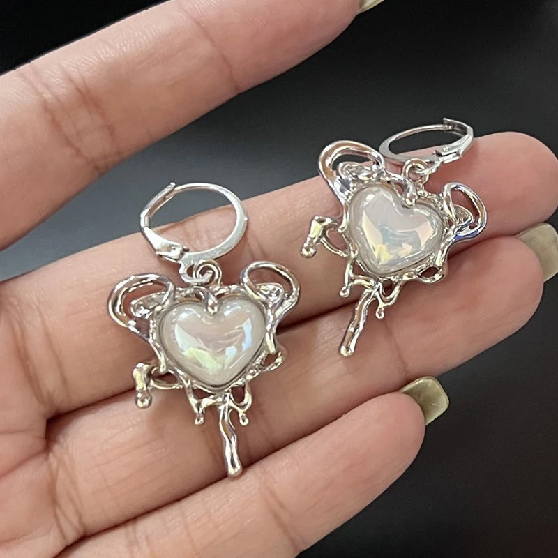 Simple Silver Color Star Earrings for Women Opal Stone Heart Hoop Earrings  Daily Wear Jewelry