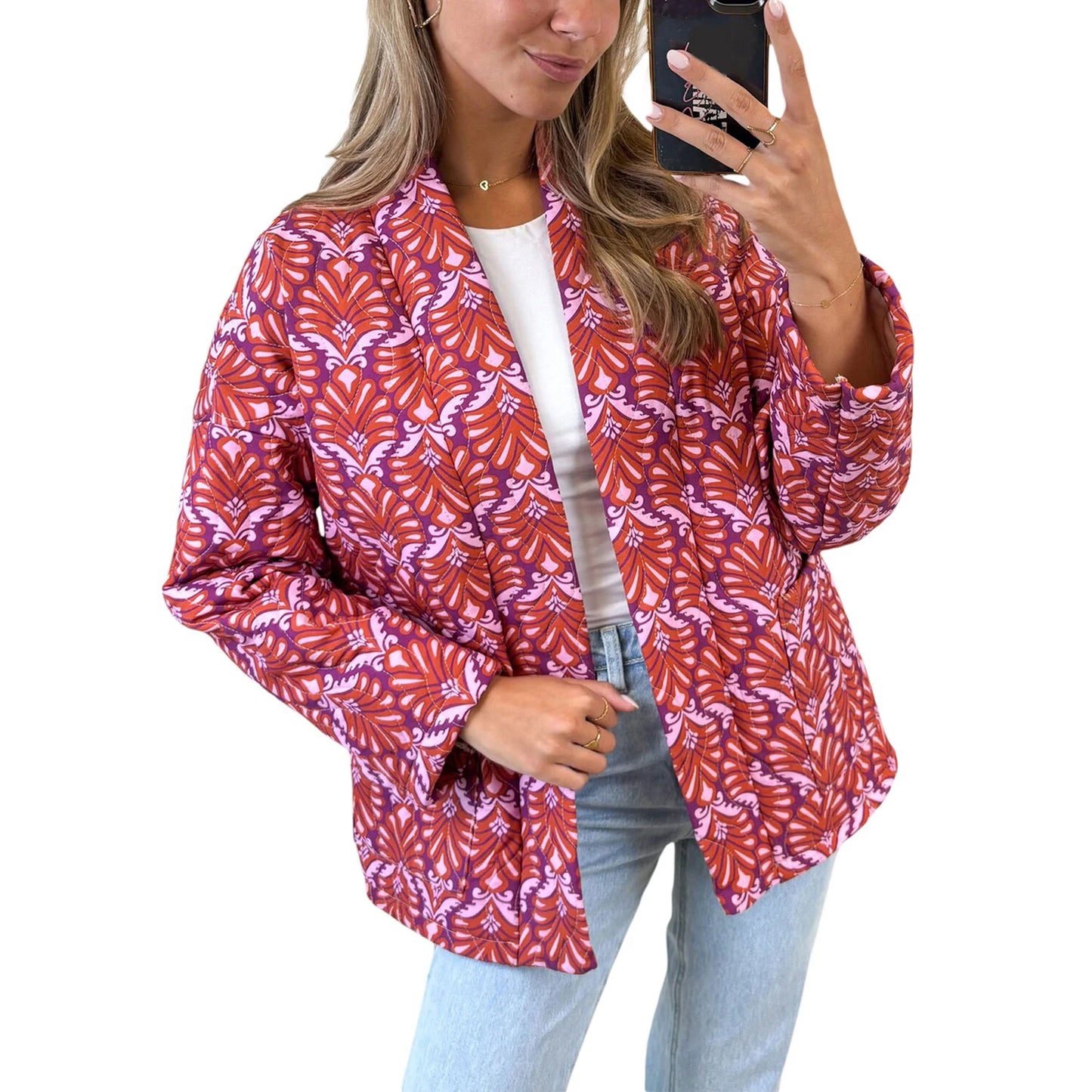Ladies Retro Floral Print Hooded  Jacket Warm Winter Quilted Coat with Zipper Closure and Pockets