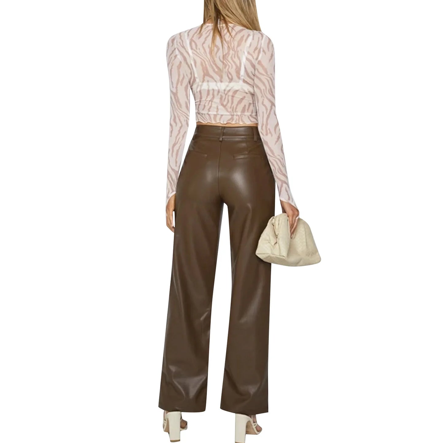 Women s Casual Loose Fit Trousers with Pockets High Waist Solid Color Straight-leg Pants in Faux Leather