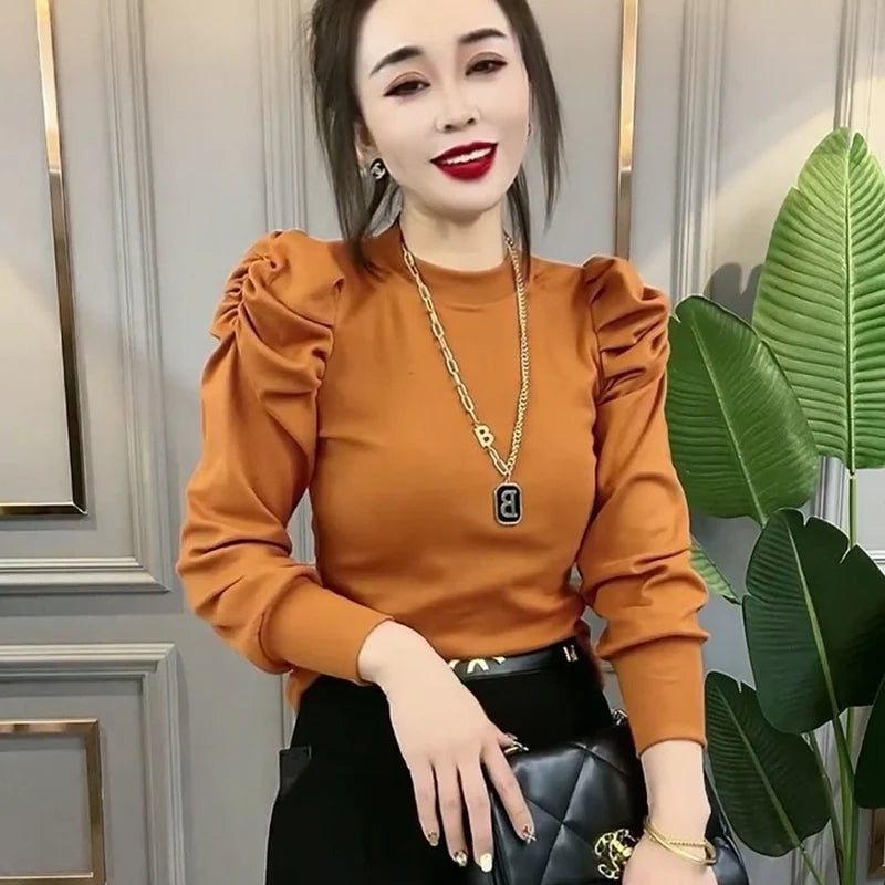 Elegant Stand Collar Solid Color Puff Sleeve Blouse