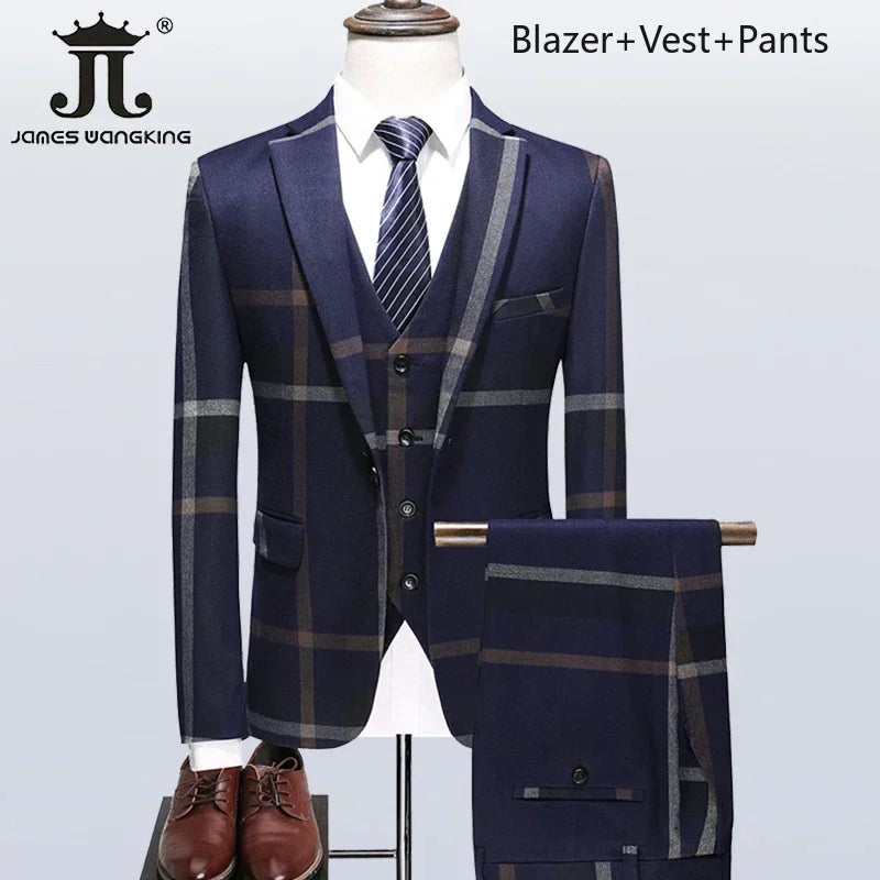 ( Blazer + Vest + Pants ) Boutique British Style Men's Suit Plaid Dress Business Casual Formal Suits 3Pcs Set