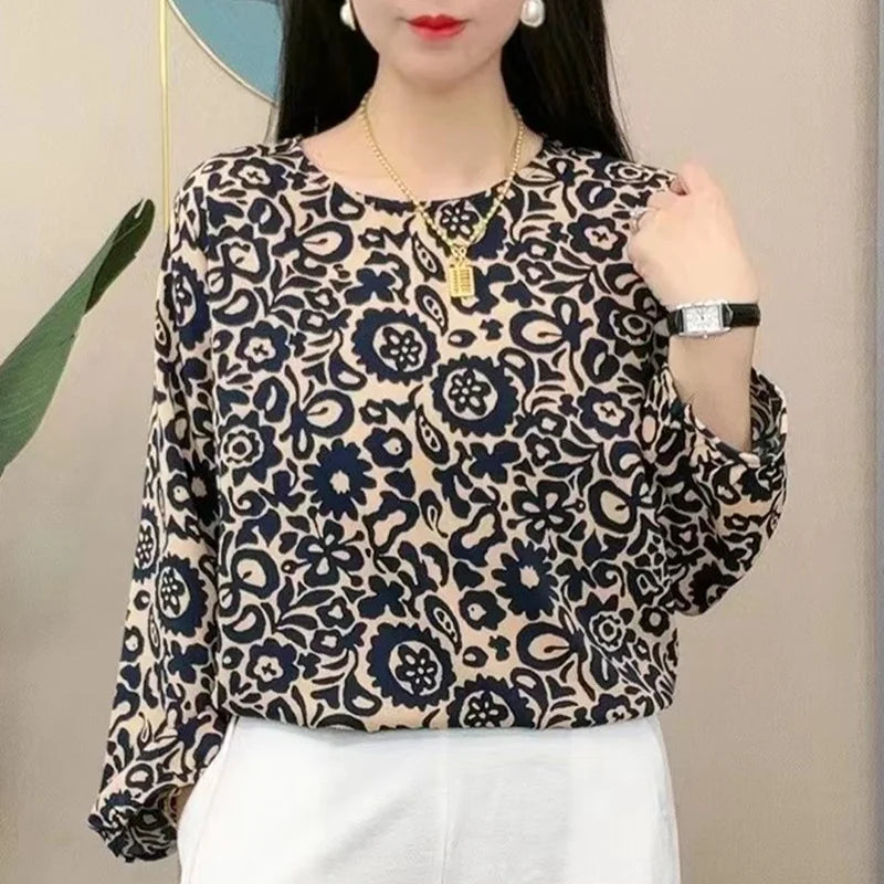 Vintage Print Round Collar Long Sleeve Loose Casual Chiffon Top