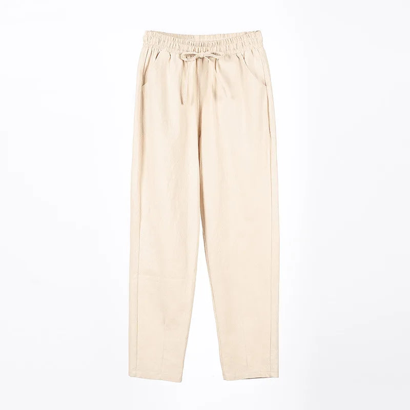 Ankle Length Casual Elastic Waist Harem Thin Cotton Linen Trousers