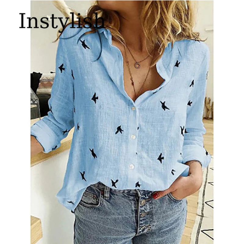 Elegant Cotton Linen Shirts Women Casual Solid Button Lapel Blouses Shirts  Long Sleeve Loose Tops