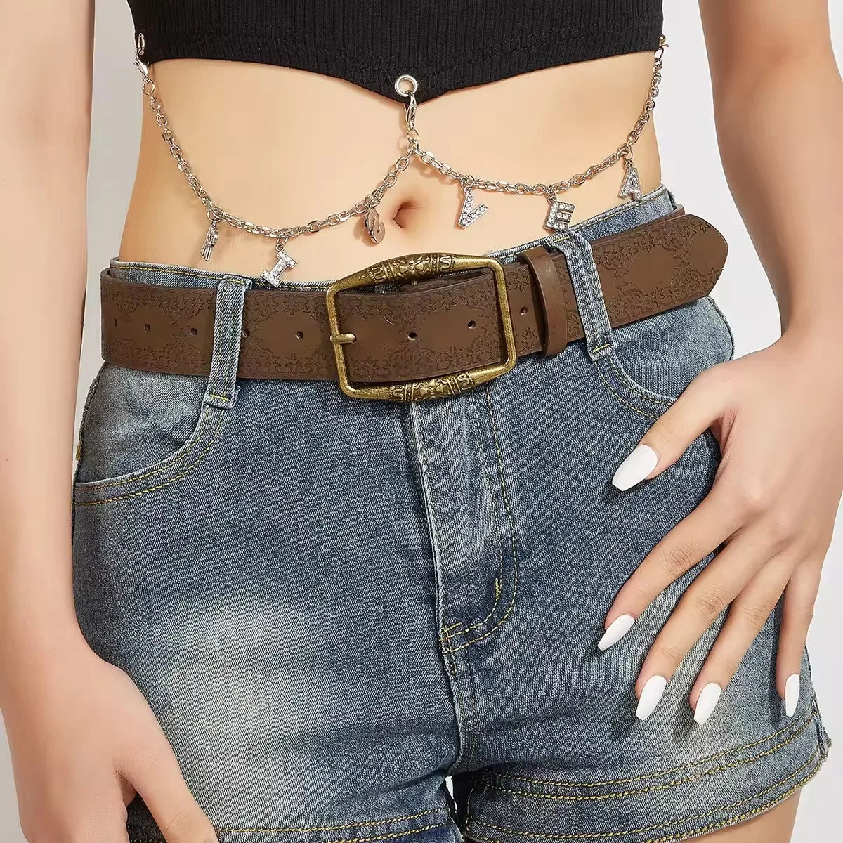 1pc Brown Floral Embossed Belt, Vintage American Style, Casual Ethnic Artisan Leather Belts