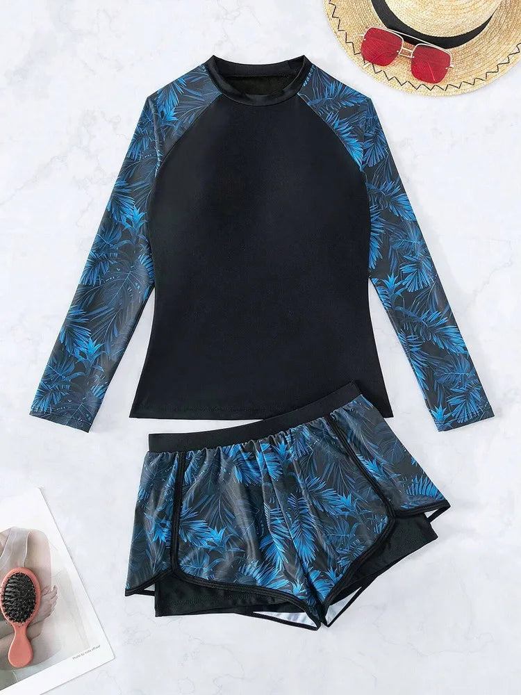 Long Sleeve Swimsuit Women Surfing Suit Monokini Print Two-Piece Swimwear  Woman Rash Guard Beach Wear Bating Suit Bikini