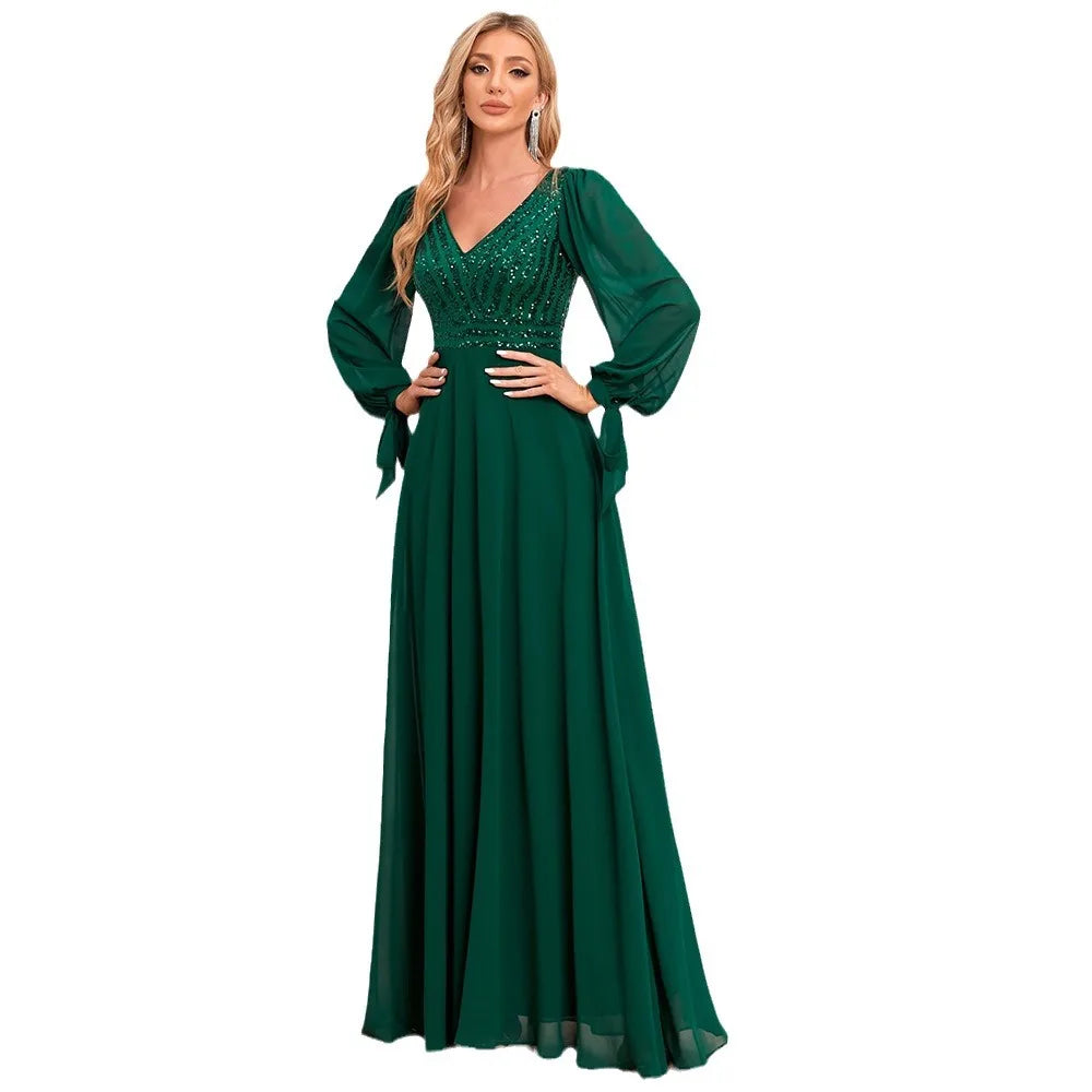 Maxi Dress Soft Satin Green V Neck Beading Long Dress High Waist