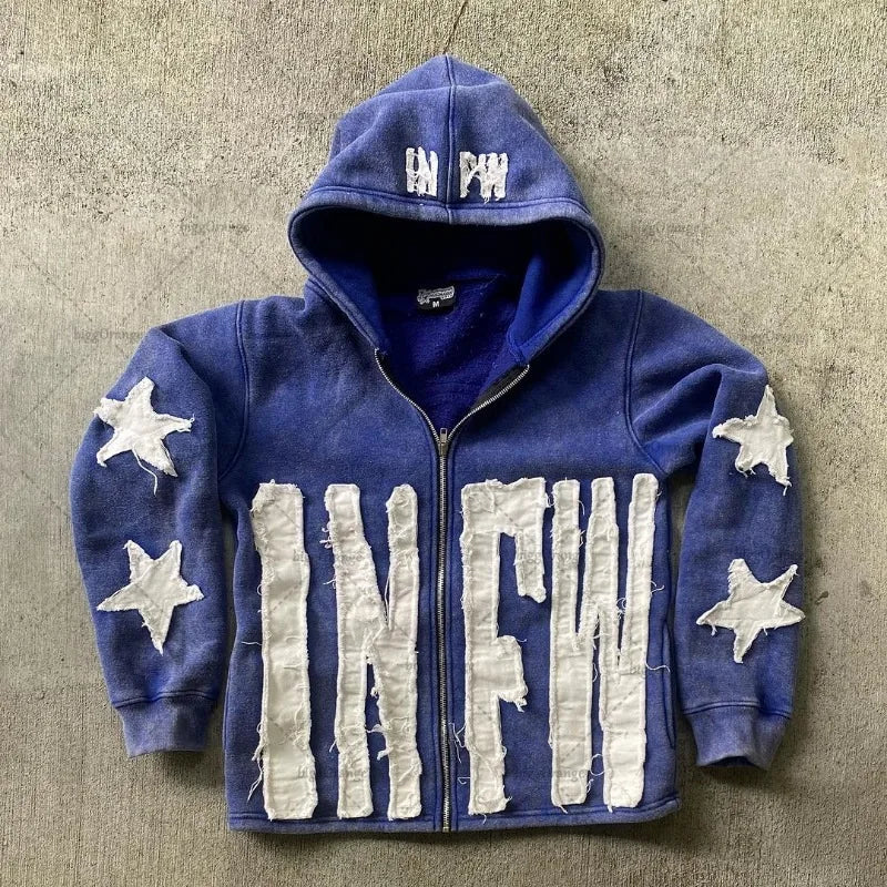 Star Letter Embroidered Zipper Sweatshirt Women  Loose Oversized Hoodie Versatile Casual Retro Jacket