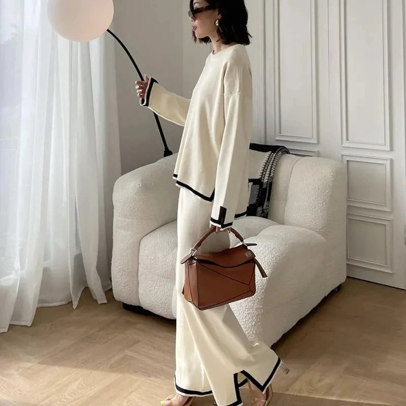 Elegant O-neck Side Slit Pullover Long Sleeve Sweater + Wide Leg Pants 2 Piece Sets Women's  Solid Color Casual Pantsuit