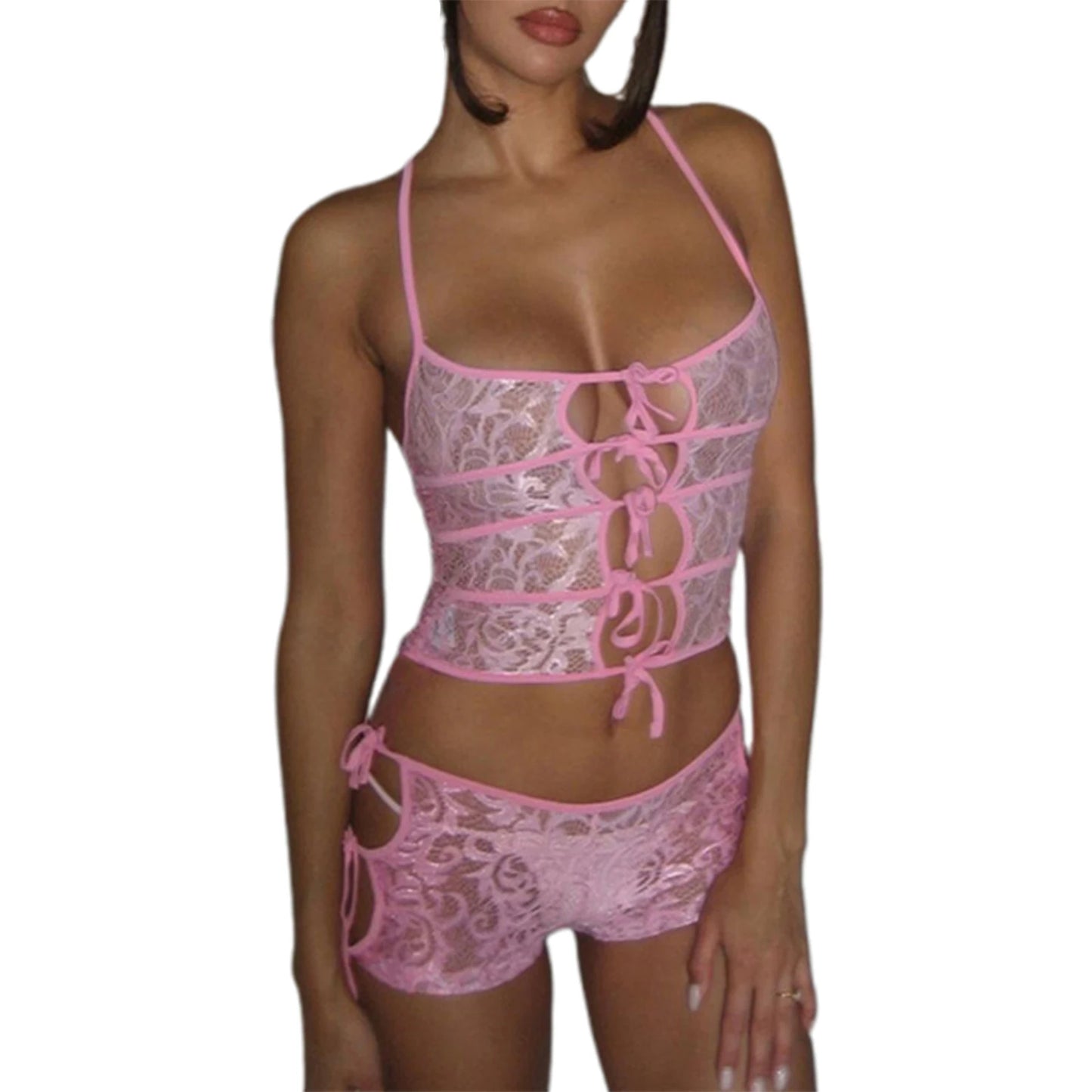 Lace Lingerie Set with Cut-Out Detail and Bodycon Shorts - Nightwear