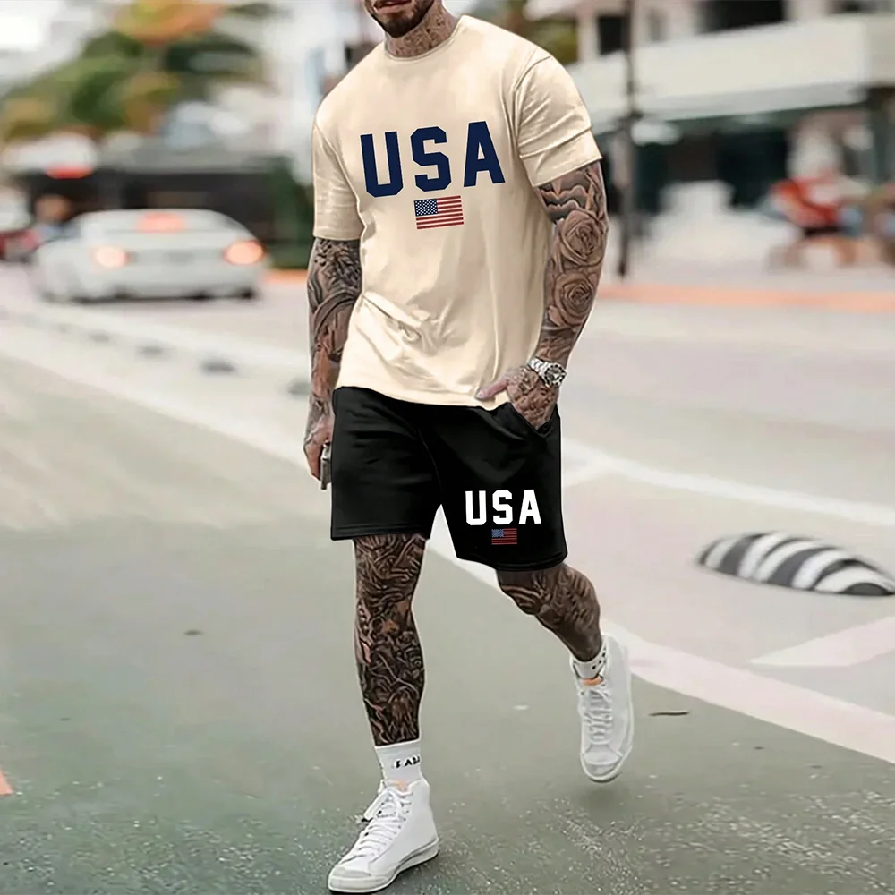 Men's Outdoor  Print Shorts 2Pcs Sets  3D Print Two Piece Suit O-neck T shirt Fashion Male