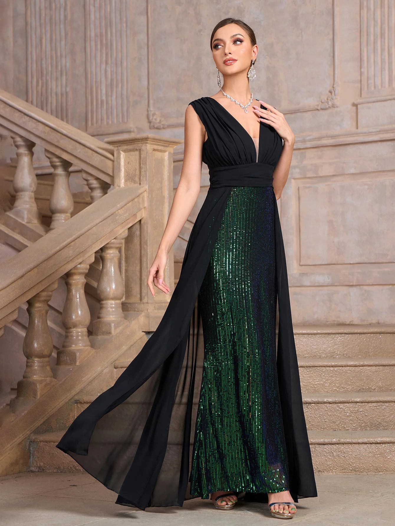 Sexy Strapless Sequins Pacthwork Pleated Maxi Dress  Sleeveless Backless