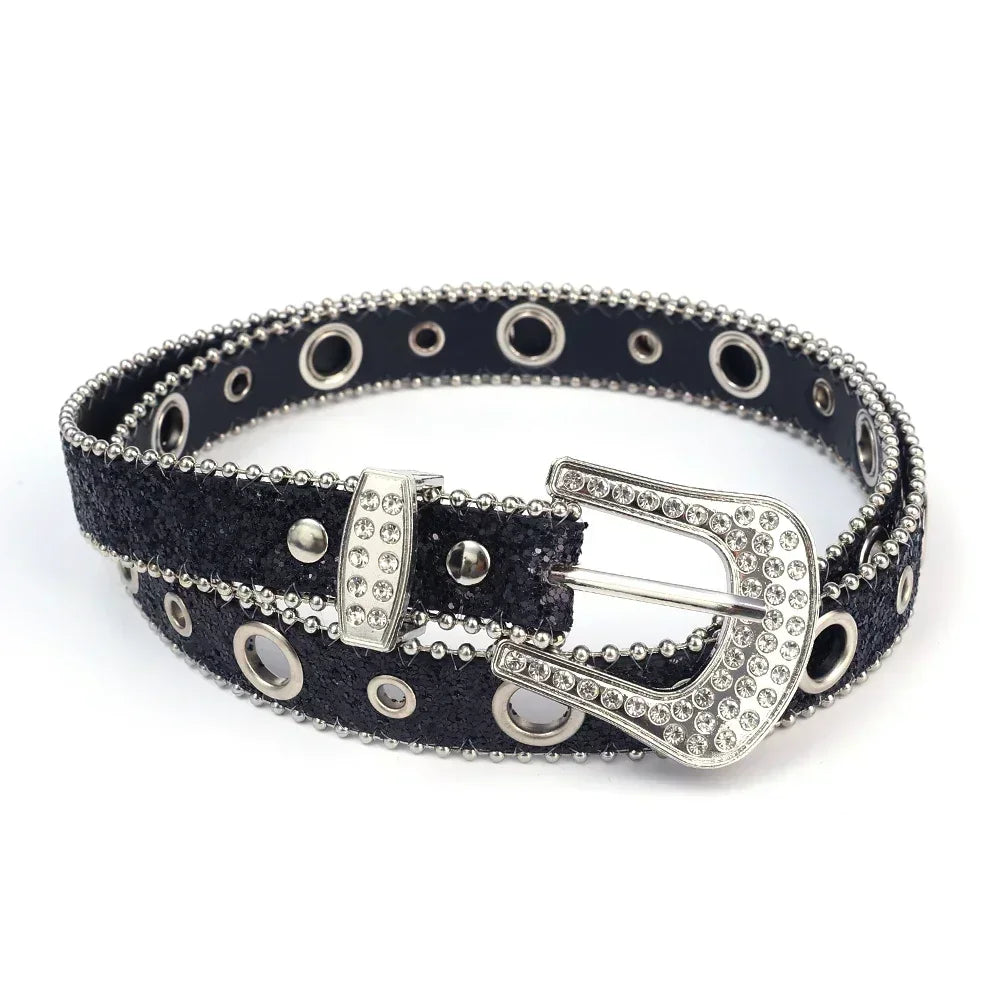 Women Fashion Solid Print Studded Full Rhinestone Belt PU Leather Bling Crystal Adjustable Glitter Waistband