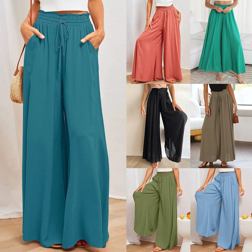 Women High Waisted Palazzo style pants with Elastic Waistband Drawstring Long Trouser Solid Color Casual Long Pants