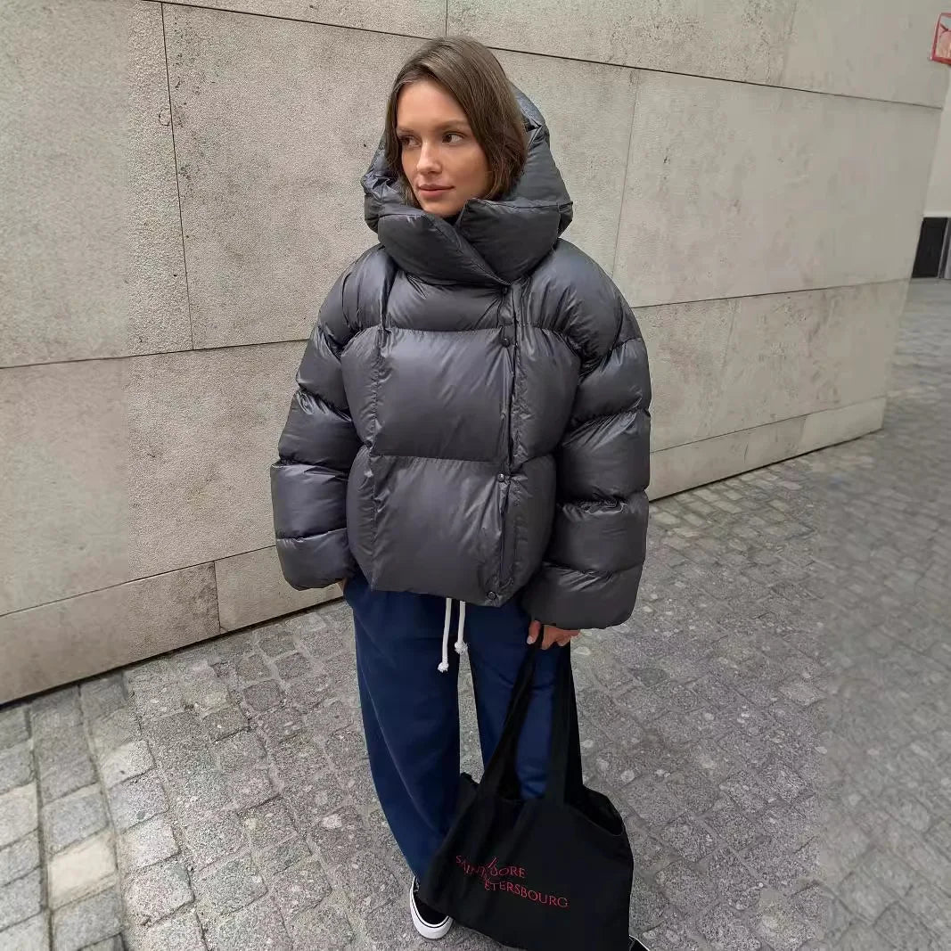 Hooded Jacket Thick Warm Solid Color Streetwear Zipper Loose Down Jacket