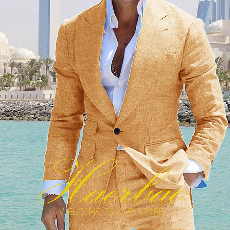 Summer Men's Linen Suit Set of 2 Wedding Groom Tuxedo Formal Lapel Jacket Pants Fashion Tailored Blazer for Men