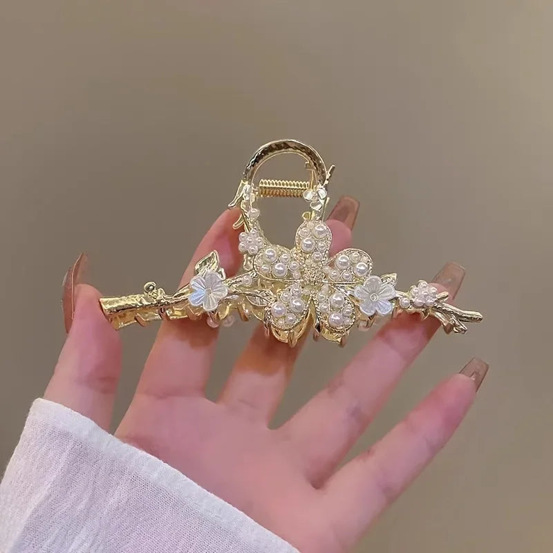 Branches Rhinestone Flowers Large Grab Clip Delicate Hair Clip High-end Luxury Back of the Head Coiled Hair Headdresses