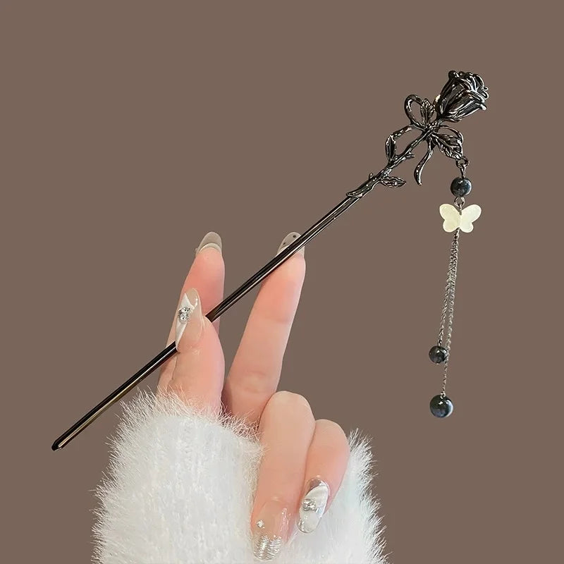 Modern Hair Stick Ink Flower Metal Tassel Hairpin Forks For Women  Beads Fringe Hair Clasp