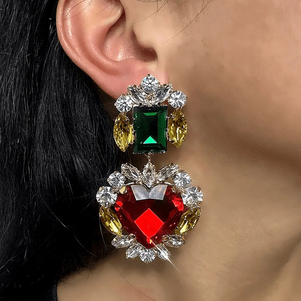 Multicolor Heart Necklace and Earring Set Charm Rhinestone Statement Jewelry Set