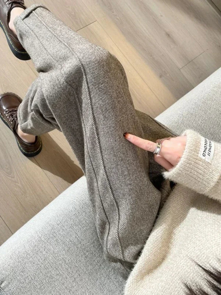 High-waisted Tweed Straight Pants Loose Casual Herringbone  Cropped Trousers